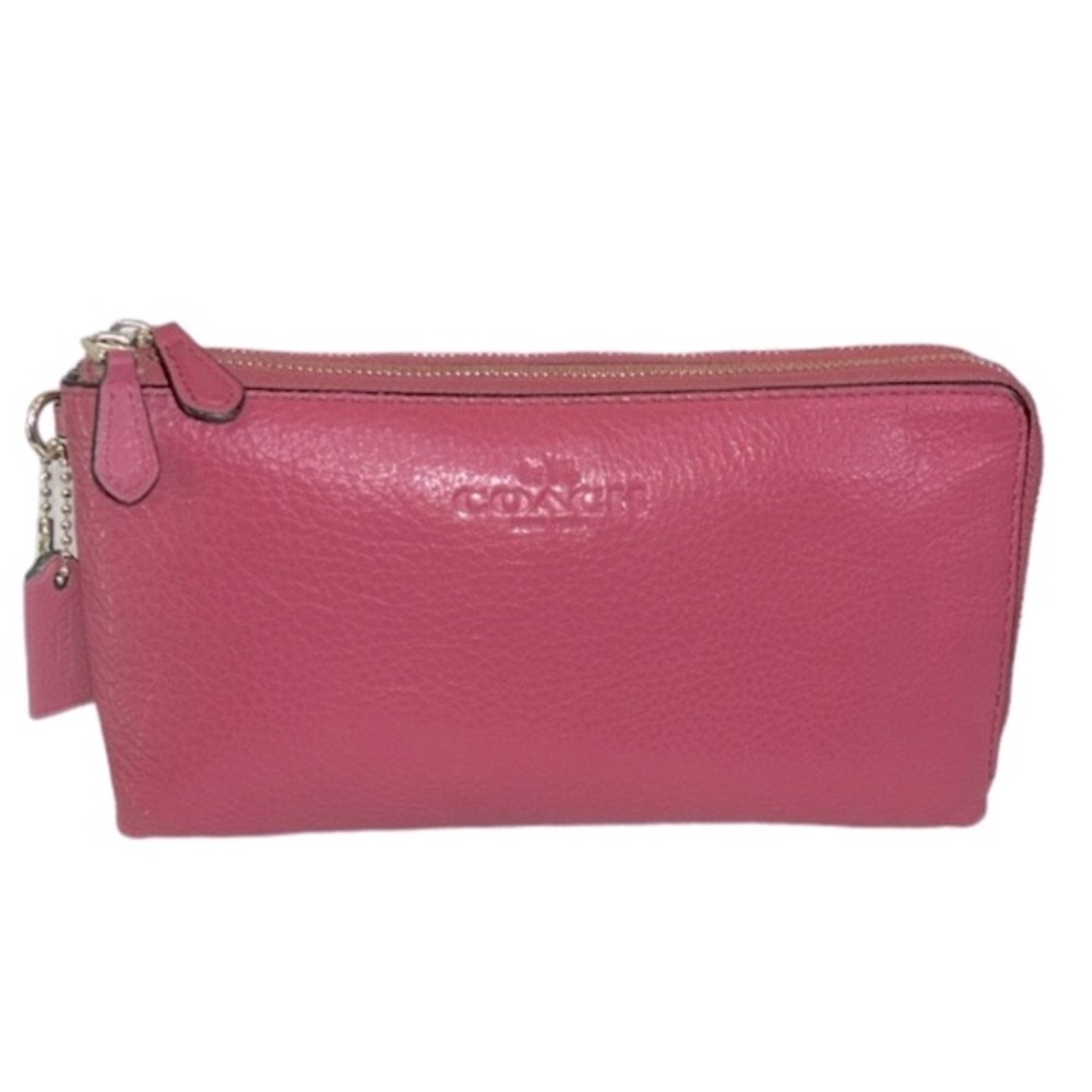 Coach Wallet Dahlia Leather Pink Pebbled Double Zip Bill & CC Holder 8.5" X 4.5"